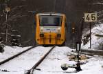 Das sdwestliche Ende  des Bahnhofes Potucky , ein TW der Baureihe 814  taucht gerade  in das Schwarzwassertal ab. 14.01.2013 14:26 Uhr. 