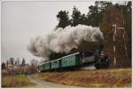 310 093 (ex kkStB 97.194) mit ihrem Dampfsonderzug von Ceske Budejovice nach Nova Pec am 19.11.2011 bei der Ausfahrt aus Kajov.