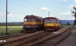 Zugkreuzung am 28.6.1992 um 16.04 Uhr im kleinen Landbahnhof Skovice ungefähr mittig der Nebenbahn Strecke Caslav - Tremosnice. Links steht Hector 720059 mit einem kurzen Güterzug nach Caslv. Rechts ist gerade Zug 15915 Uhr mit 810294 nach Tremosnice angekommen.