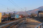 Frostiger, aber sonniger Morgen in Libochovany als der Mischer mit 388 008 und kalter 742 434 und 742 253 den Haltepunkt passierte.