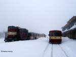 In das 785 m hoch gelegene Moldava (Moldau/ Erzgebirge) kommen planmäßig nur die  Brotbüchsen , wie hier 810 105 als Os 9750 aus Slany (Schlan), aber am 28.12.2005 ist auch ein Wintersportsonderzug gezogen von 742 086 und geschoben von 742 031 + 810 079 angekommen.
