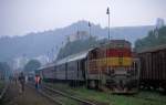 Diesellok 743004 rangiert im Bahnhof Zelesny Brod am 25.6.1988 einen angekommenen
Sonderzug.
