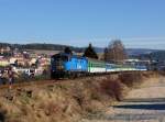 Die 749 018 mit einem Sonderzug nach Kubova Hut´ am 31.12.2015 unterwegs bei Vimperk.