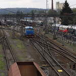 Festival parních lokomotiv v Benešově 2025, Teleblick auf das Bahnhofsgelände, eine Bardotka rangiert.27.09.2025  10.56 Uhr.