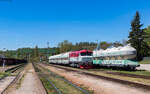 749 254  mit dem 54698 (Olbramkostel - Okř��ky) im Bahnhof Okř��ky 3.5.26