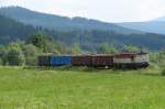 751 223 am 28.06.08 mit ihrem Gterzug zwischen Volary und Zbytiny