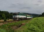 Die 754 022mit einem Os nach Nové Údolí am 29.08.2014 unterwegs bei Šebanov.