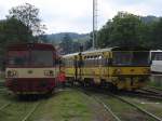 810 205-5 (Viamont) rangiert mit einem Beiwagen mit die 810 477-0 als Zuschauer auf Bahnhof Trutnov Hlavn Ndra am 6-8-2011.