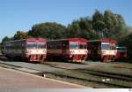 Drei Triebfahrzeuge der Baureihe 810 (von links:810 306-1, 810 265-9 und 810 383-0) warten im Bahnhof Bor / Tschechei am 3.