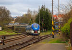 Der ČD „RegioShark“  844 005-9 (CZ-ČD 95 54 5 844 005-9), ein Dieseltriebzug vom Typ PESA LINK II, erreicht am 18.04.2023 als Os 17113 von Johanngeorgenstadt (Sachsen) kommend