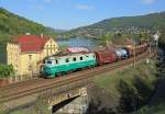 122 014 passes Brna nad Labem whilst hauling a mixed freight, 29 April 2015