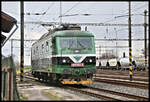 Die Gleichstromlok 184502-3 von SD Kolejova Doprava fährt hier am 19.4.2023 um 15.12 Uhr in die Abstellung im Bahnhof Brezno u Chomutova.