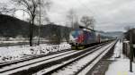 durch die winterliche Landschaft der Sächsischen Schweiz (hier bei Krippen) kommt ein Eurocity Richtung Dresden, Klasse das Design der 371 201-5 in den Farben Tschechiens (02.01.2015)   