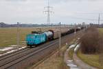 Am leider wieder recht wolkenreichen 03.03.13 ist die 372 010-9 mit ihrem gemischten Gterzug zwischen Riesa und Bornitz unterwegs.