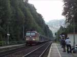 CD 372 006 mit einem Zug leerer Autotransportwaggons in Schmilka kurz vor der Grenze zu Tschechien; am Abend des 15.07.2015
