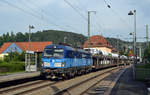 383 002 führte am Abend des 15.06.19 einen BLG-Zug durch Kurort Rathen Richtung Dresden.