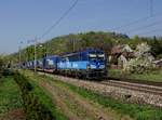 Die 383 007 mit einem KLV-Zug am 21.04.2018 unterwegs bei Křešice.