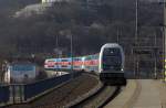 Ein City-Elefant in Doppeltraktion läuft in den Bahnhof Usti nad Labem hln. aus Richtung Kralupy kommend , ein 07.03.2014 10:12 Uhr.