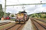 Bei einem Kurzbesuch am 8.8.2023 in Vyssi Brod Klaster traf ich im Bahnhof auf diesen kurzen Güterzug mit Zuglok 210046-9.