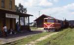 Während die Fahrgäste auf die Bereitstellung des Personenzuges nach Jindrichuv Hradec warten, hat Schmalspur Diesellok 705919 am 8.6.1992 im Bahnhof Nova Bystrice noch umfangreiche Rangier