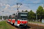 T6A5 1243 + 1244 (ex. Prag 8714 + 8723) kurz hinter der Haltestelle Zoologicka zahrada auf der Fahrt ins Stadtzentrum. (15.08.2022)