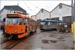 Zwei normalspurige T3 in Liberec. Das Städtische Strassenbahnnetz ist normalspurig, die 12,5km lange Überlandstrassenbahn nach Jablonec nad Nisou hingegen schmalspurig. Deshalb ist der Depotbereich und ein Teil städtischen Linien dreispurig angelegt. (07.04.2017)