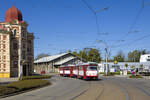 Am 30. April 2026 zeigt sich die T3R.P Garnitur 170 + 154 nahe der Haltestelle �iben�k in Richtung Fibichova. 