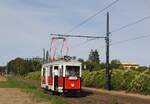 Prag: Museumstriebwagen 3098 aus dem Jahr 1948, der nach seiner Ausmusterung aus dem Personenverkehr von 1966 bis 1989 als Fahrleitungstriebwagen gedient hatte und vor wenigen Jahren liebevoll restauriert wurde, als Linie 42 zwischen den Haltestellen Brusnice und Prazsky hrad. (01.09.2026)