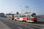 Tschechische Republik / Straßenbahn Prag: Tatra T3R.P - Wagen 8397 / Tatra T3R.P - Wagen 8566 ...aufgenommen im März 2015 auf der Brücke mit dem Namen  Štefánikuv most  in Prag. 