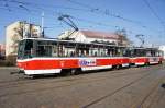Tschechische Republik / Straßenbahn Prag: Tatra T6A5 - Wagen 8747 / Tatra T6A5 - Wagen 8748 (der einzige gesehene T6A5- Wagenverband mit 2 gehobenen Stromabnehmern) ...aufgenommen im März