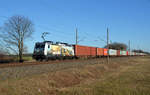 386 020 führte am 16.02.19 einen Containerzug vorbei an Ruhlsdorf Richtung Wittenberg.