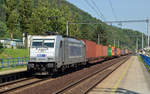 386 019 führte für Metrans am 12.06.19 einen Containerzug durch Dobkovice Richtung Usti nad Labem.