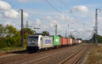386 003 der Metrans führte am 26.09.19 einen Containerzug durch Saarmund Richtung Potsdam.