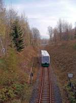 654 048 (VT48  St. Ulrich Weischlitz ) zwischen Graslitz und Klingenthal als VIA83144, 21.10.09. Er wird gleich deutschen Boden erreichen, bei genauem Hinsehen erkennt man neben der Grenztafel und dem tschechischen Signal auch die unterschiedlichen Schwellen an der Grenze D/CZ.