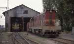 Vor der Maschinen Halle des Depot Decin steht am 7.10.1992 die CKD Diesellok  T 669.1185.