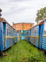Schmalspurwagen PV-40 stehen im Güterschuppen des Betriebshofs Beregove-Male / Beregovo, Ukraine / 17.05.2025