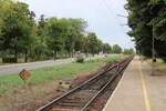 Am Bahnsteig 1 in Maroshegy befindet sich die Weiche zum Anschlussgleis ins Konténerterminál Székesfehérvár; 26.07.2025.