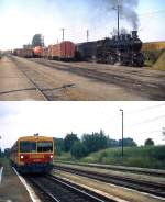 Der Bahnhof Vespremvarsany/Ungarn einst & jetzt: Früher kreuzten sich hier die Strecken von Györ nach Veszprem und von Papa nach Tatabanya, auf dem oberen Bild vom Oktober 1978 stellt