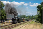 Die MAV Dampflok 424 247 fährt mit einem Sonderzug von Budapest, vorbei am Plattensee (Balaton) nach Tapolca.