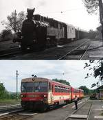 Ungefähr 33 Jahre liegen zwischen den beiden Aufnahmen, die im Bahnhof Diosjenö in Nordwestungarn entstanden: Oben die 375.1002 vor einem Güterzug nach Balassagyarmat im Oktober 1978,