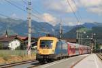 470 001 (MAV) mit REX 1508 Salzburg Hauptbahnhof-Wrgl Hauptbahnhof auf Bahnhof Kirchberg im Tirol am 25-7-2013.