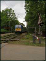Die 480 025 mit dem Balatonexpress bei der Ausfahrt in Balatonföldvár (Ungarn) am 29.Mai 2014.