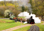 Die Dampflok 490.2002  ÁBEL  mit einem Fotogüterzug auf der Csömödér Schmalspurbahn.