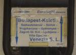 Zuglaufschild des EN 441  VENEZIA EURONIGHT  von Venezia Santa Lucia nach Budapest-Keleti pu, im Bf Siófok; 02.06.2011    