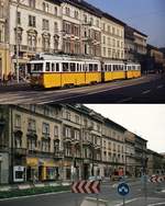 Die Straßenbahn Budapest Einst & Jetzt: Im Oktober 1978 nähert sich ein Uv-Dreiwagenzug, vorne Uv5 3896, auf der Thököly utca dem Baross ter, unten eine Aufnahme vom 08.06.2011 vom