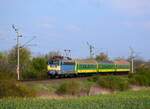 Die 431 068 (ex. V43 1068) ist auf dem Weg mit dem Zug 9036 von Celldömölk nach Szombathely kurz nach Kemenesmihályfa.
10.04.2023.