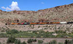 Etwas südöstlich von Kingman, AZ, bietet die Historic Route 66 sehr gute Fotostellen in der fantastischen Landschaft: Fünf Loks ziehen in der Nachmittagssonne einen gemischten Güterzug in der roten Felswüste ostwärts. Dieses Foto bildet den Abschluss meiner Bilderserie von unserer Reise im Aug/Sep 2022. Kingman, AZ, 30.9.2022