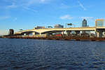 A Norfolk Southern train crosses the St Johns River in Jacksonville with a freight train bound for the Florida East Coast Railway`s Bowden Yard.