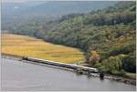 Metro North Zug von Poughkeepsie nach New York Grand Central Station mit einer New Haven Genesis ist auf der linksufrigen Hudsonline unterwegs. Aufgenommen von der Bear Mountain Bridge. (07.10.2017)