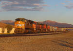 Interessante Lokmischung auf der Tehachapi-Strecke, die von der Union Pacific betrieben wird: eine UP-Lok und 3 BNSF-Loks ziehen in der Abendsonne einen gemischten Güterzug durch das